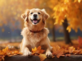 Adorable dog enjoying autumn: cute canine sitting on rustic log surrounded by vibrant fall foliage