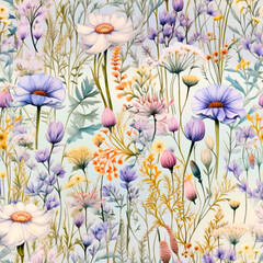 Wildflower Watercolor Dreamscapes, watercolor techniques to paint dreamy, ethereal landscapes filled with wildflowers, Seamless Floral Pattern, Wildflower JPG, Created using generative AI