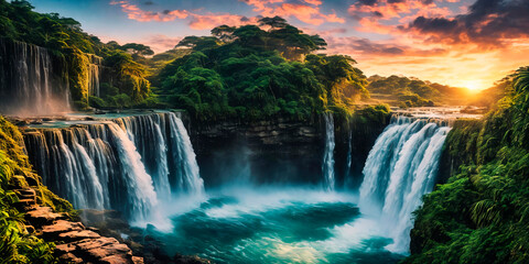 Fantasy landscape with waterfalls, panorama.