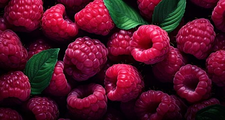 many raspberries with leaves in the background