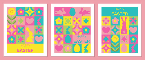 Set of Modern Happy Easter Banners. Modern trendy minimalist style. Abstract design. Brutalism and y2k style. Vector illustration