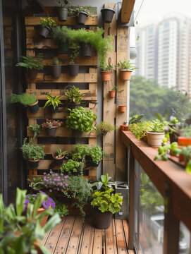 A Photo Of A Homemade Vertical Pallet Garden On An Urban Balcony