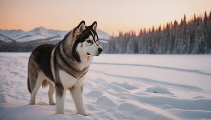 Alaskan Malamute dog, dog at dawn, purebred dog in nature, happy dog, beautiful dog