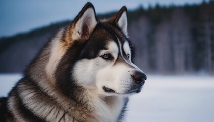 Naklejka premium Alaskan Malamute dog, dog at dawn, purebred dog in nature, happy dog, beautiful dog