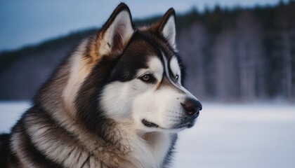 Alaskan Malamute dog, dog at dawn, purebred dog in nature, happy dog, beautiful dog