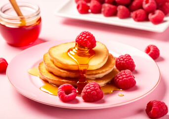Pancakes with Raspberries, Berries, and Honey on a Pink Plate