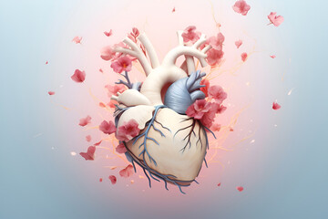 Internal human organ heart anatomy from flying tender, blooming, pink flowers. World Heart Day. Valentine's Day card. AI Generative. 3d rendering