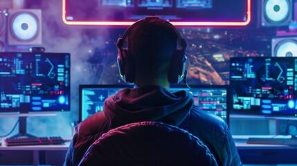 a person wearing headphones sitting in front of a computer screen
