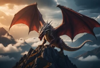 A large dragon with folded wings standing on a mountain peak with a dramatic cloudy sky in the...