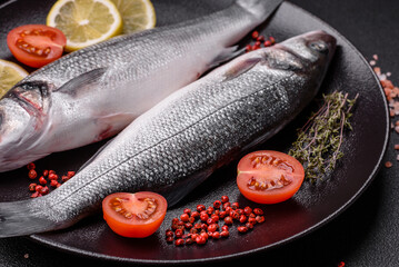 Fresh raw ocean sea bass fish with salt, spices and herbs