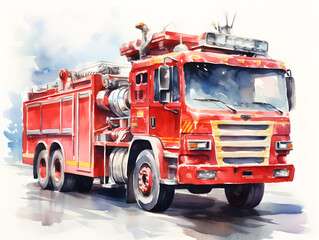 Watercolor illustration of a red fire truck 