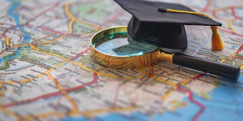 Fototapeta na wymiar Magnifying glass on map with graduation cap for online search concept. Looking for a school to attend university and get an online or in-class education.