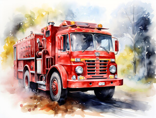 Fototapeta na wymiar Watercolor illustration of a red fire truck 