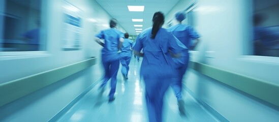 Blurred hospital corridor with medical equipment and healthcare professionals in motion, healthcare concept background - obrazy, fototapety, plakaty