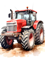 Watercolor illustration of a red tractor vehicle 