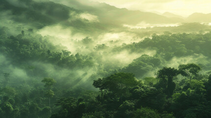 Fototapeta na wymiar A foggy embrace cloaking the rainforest in a cool refreshing mist a natural sanctuary for all the creatures that call it home.