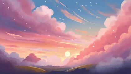 Acrylic illustration of beautiful blue sky with soft pink clouds. Hand drawn art