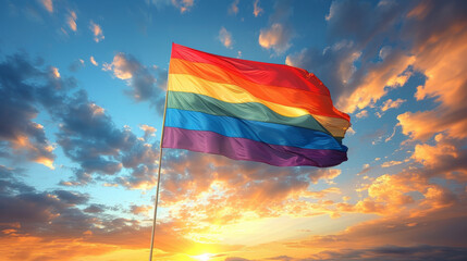 LGBT Pride rainbow flag on sunset sky. LGBT social movements and Diversity, Equity, Inclusion and Belonging concept.