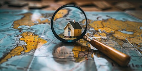 Magnifying glass on map with house for online search concept. Digital real estate listings to buy and sell on the marketplace. 