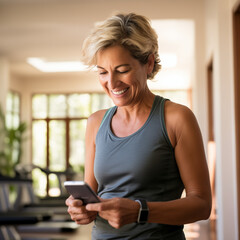 Satisfied with her fitness progress, a mature woman looks at an exercise app on her smartphone,