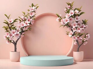 3D rendered visualizations designed for product showcasing. They feature minimalist podiums set against a backdrop of delicate cherry blossoms, embodying a fresh, spring-like quality.