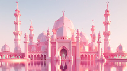Ramadan kareem or eid mubarak,eid ul fitr or eid ul adha, Lantern Islamic Background Banner  with white pink Mosque - obrazy, fototapety, plakaty