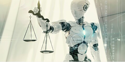 AI robot holding scales of justice for ethical artificial intelligence and machine learning.