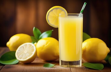 Fototapeta premium refreshing summer lemonade, a glass of freshly squeezed lemon juice on a wooden table, citrus drink, ripe lemons
