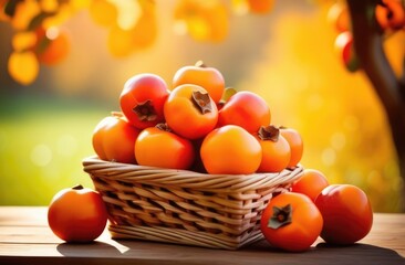 full wicker basket of ripe persimmons on a wooden table, persimmon orchard, persimmon tree branches, persimmon plantation to the horizon, sunny day