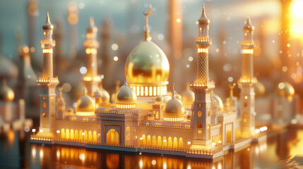 Fototapeta na wymiar Ramadan kareem or eid mubarak,eid ul fitr or eid ul adha, Lantern Islamic Background Banner with 3d golden Mosque and Shiny blur glitter