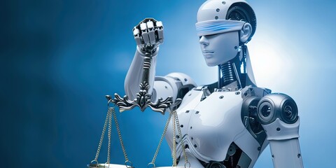 AI robot holding scales of justice for ethical artificial intelligence and machine learning. - obrazy, fototapety, plakaty