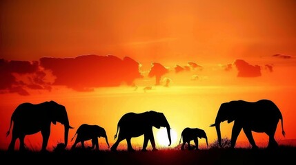 Fototapeta na wymiar Migration of Elephants in African Savannah at Sunset AI Generated.