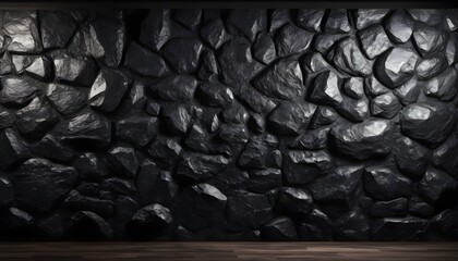 Solid obsidian rock wall in a room, wooden floor