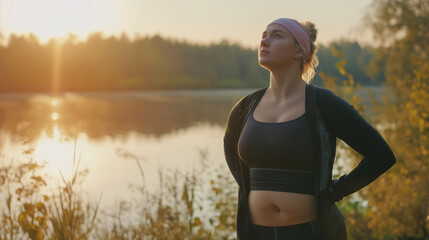 Linda jovem esportiva em roupas esportivas pretas posando na margem do lago ao pôr do sol. - obrazy, fototapety, plakaty