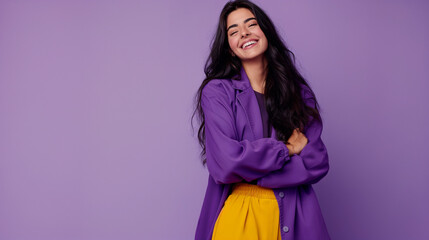 Retrato de uma jovem morena sorridente com jaqueta violeta e calças amarelas sobre fundo roxo - obrazy, fototapety, plakaty