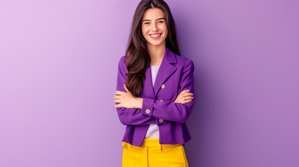 Retrato de uma jovem morena sorridente com jaqueta violeta e calças amarelas sobre fundo roxo - obrazy, fototapety, plakaty