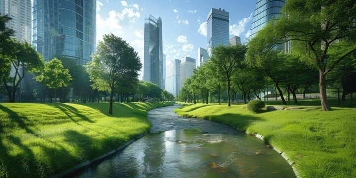 Generative AI, Green park near high-rise buildings, Urban Landscape, Green Spaces, Sustainable Living, Eco-Friendly, Skyline

