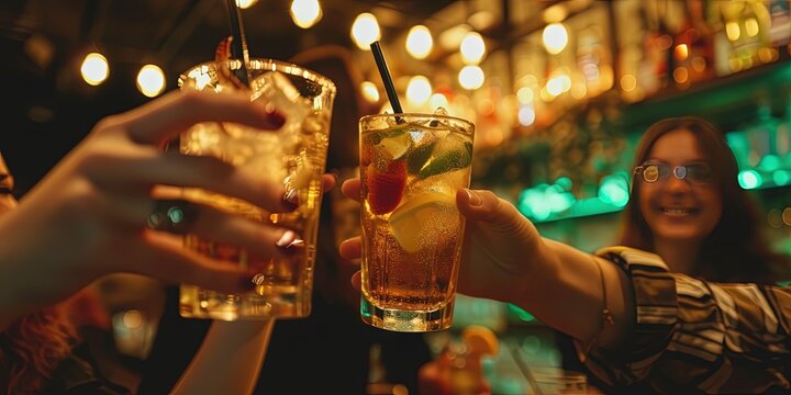 Friends clinking their glasses to cheers during happy hour - zoomed in closeup of hands holding cocktail glasses