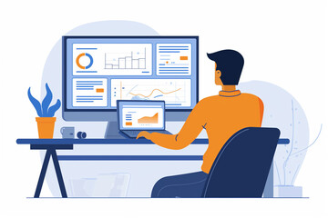Naklejka premium Tech-savvy person seated in a chair and working on computer device isolated in white background, business infographic elements, man works with charts and graphs, data analyze concept, data statistics