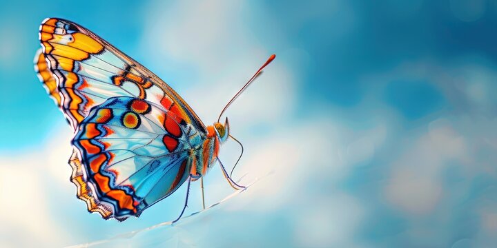 Colorful butterfly flying on a blue cloudy sky