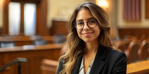 Friendly female attorney standing in courtroom