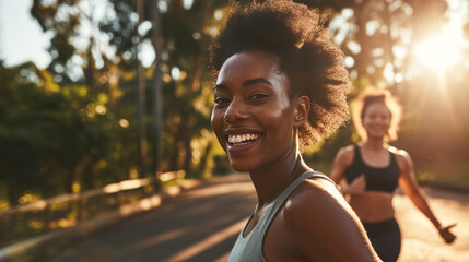 Two smiling young interracial women jogging together in the park with sunlight in the background. Friends doing sports together.