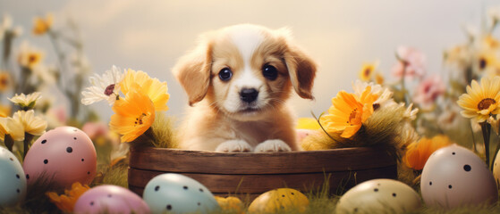 Golden Retriever Puppy Behind Easter Eggs with Spring Blossoms