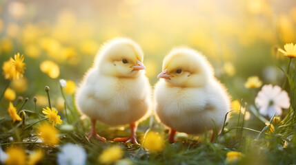 Cute little fluffy yellow chickens on spring meadow with green grass dandelions. Easter holiday banner card template with copy space