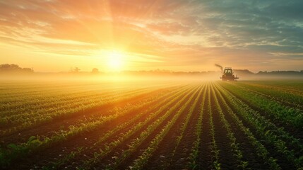 An early morning farmer's field, dew on crops, sunrise casting a golden glow, tranquil and fertile landscape. Resplendent.