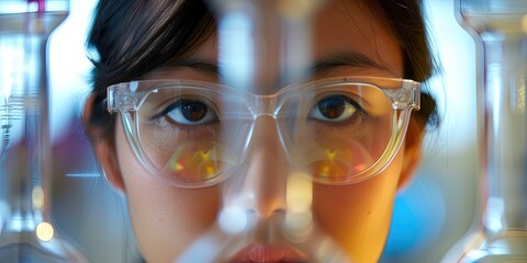 Closeup photo of a phd scientist wearing protective eyewear - obrazy, fototapety, plakaty