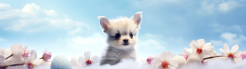 Obraz premium Puppy Peeking Over Cherry Blossoms Against a Blue Sky