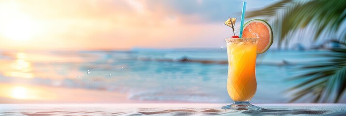 Tropical fruity cocktail with rum or tequila on a deserted island beach - obrazy, fototapety, plakaty