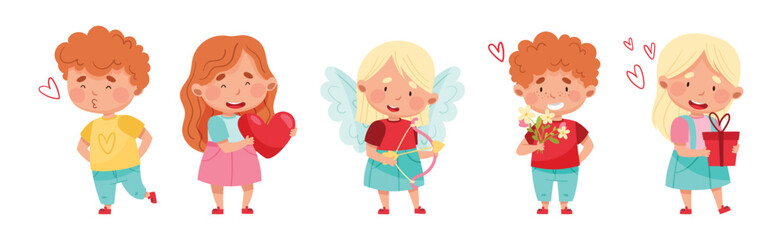 Cute Boy and Girl Feel Love at Valentine Day Vector Set