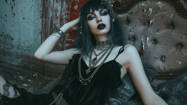 A goth goddess lounges in a black velvet dress embellished with silver chains and a statement choker commanding attention with her strikingly pale makeup.